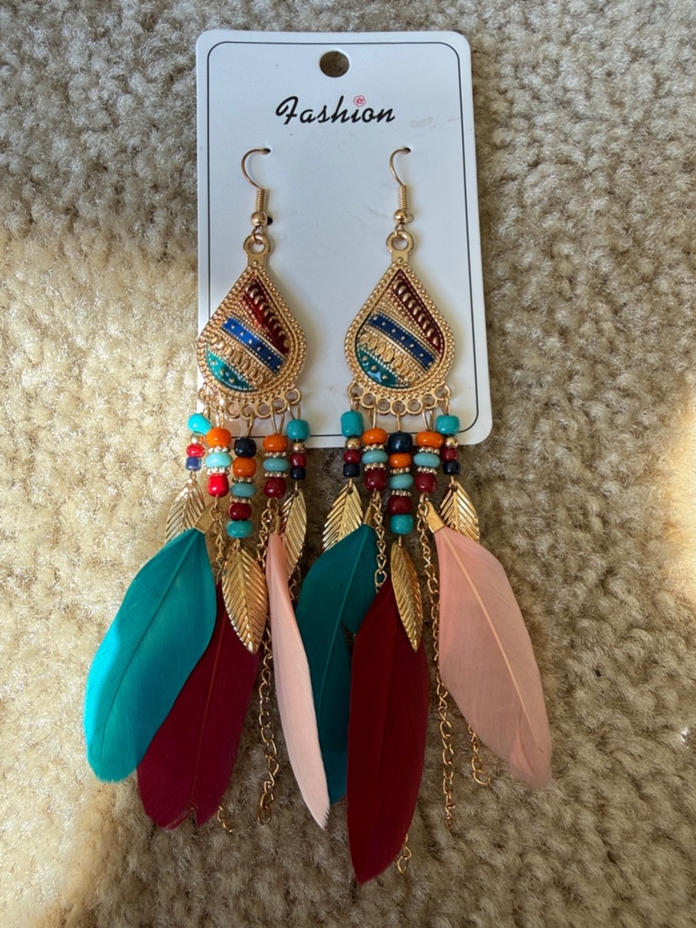 Multicolor Feather Drop Earrings with Gold Accents - Teal, Burgundy & Pink